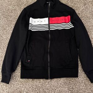 Tommy Hilfiger Black Zip Up Sweater with Color-Block Design